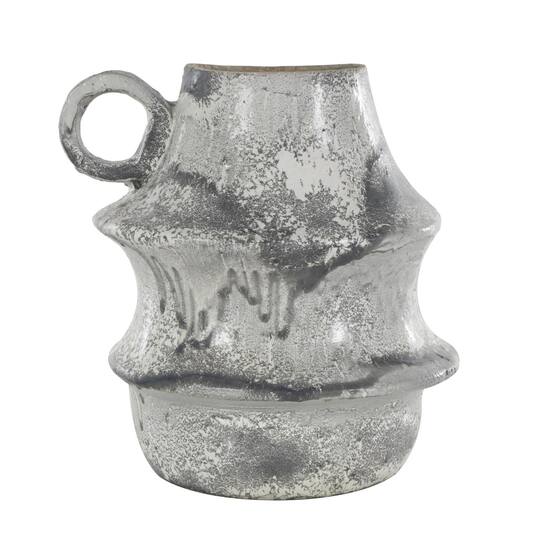 15" Light Gray Textured Paper Mache Fluted Vase with Ring Handle